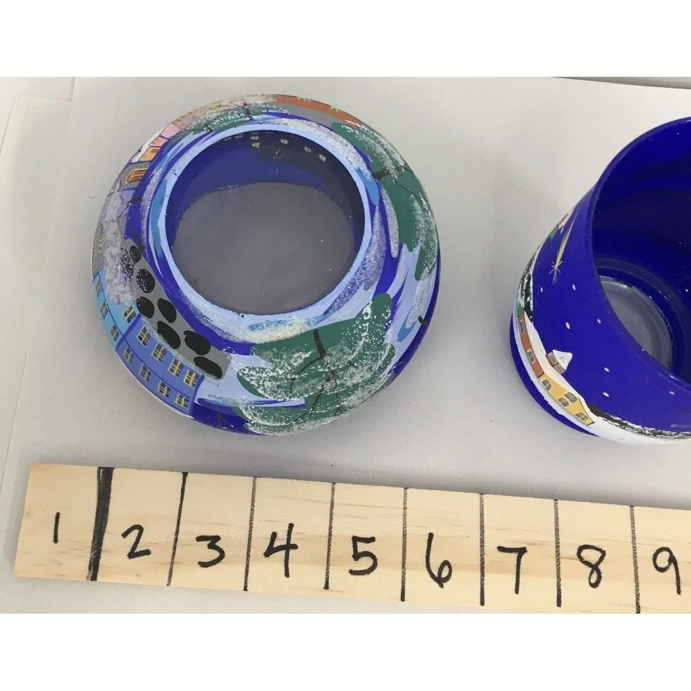 Votive Hand Painted Christmas Scenes Candle Holders Frosted‎ Cobalt Blue